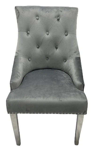 Louis Marble & Chrome Dining Table With Grey Ring Knocker Velvet Chairs & Bench