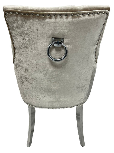 Arturo Marble & Chrome Dining Table With Shimmer Chrome Ring Knocker Chairs
