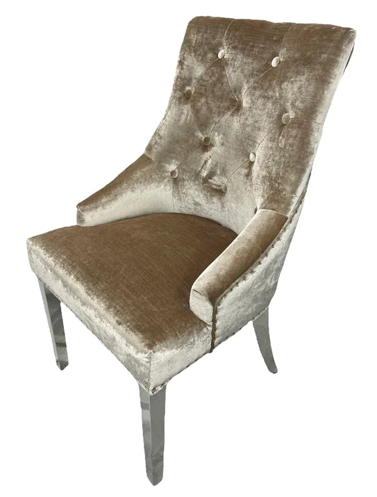Louis Marble & Chrome Dining Table With Shimmer Valente Lion Knocker Chairs
