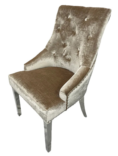 Arturo Marble & Chrome Dining Table With Shimmer Chrome Ring Knocker Chairs