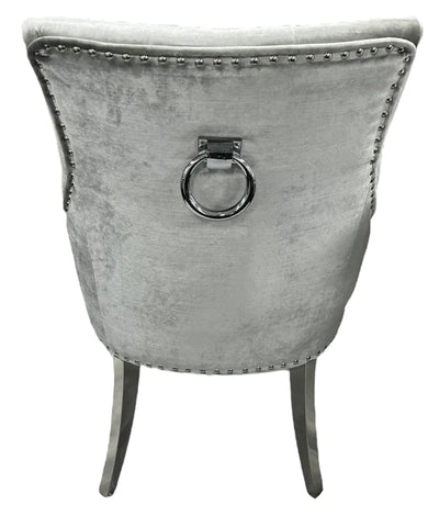 Arturo Marble & Chrome Dining Table With Shimmer Chrome Ring Knocker Chairs