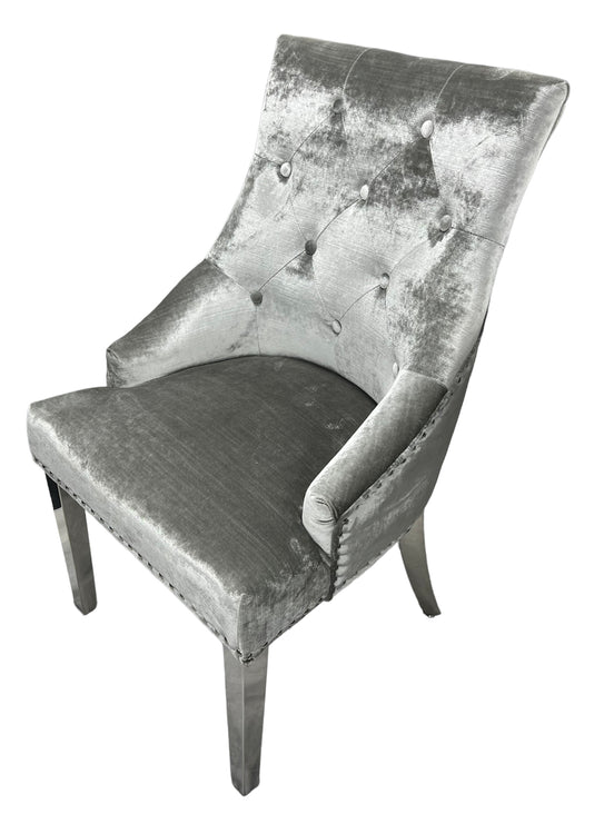 Arial 160cm Marble & Chrome Dining Table + Chrome Ring Knocker Velvet Chairs