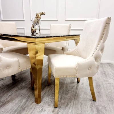 Louis Black/Gold Marble Dining Table With Kensington Cream/Gold Velvet Chairs