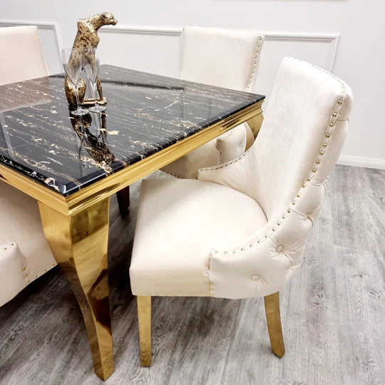Louis Black/Gold Marble Dining Table With Kensington Cream/Gold Velvet Chairs