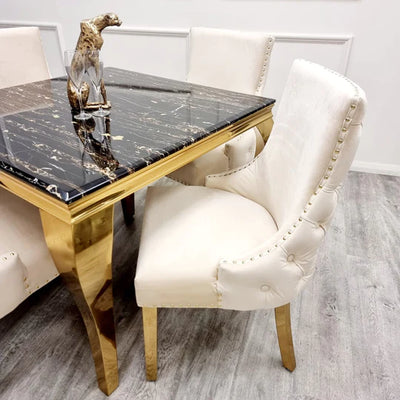 Louis Black/Gold Marble Dining Table With Kensington Cream/Gold Velvet Chairs