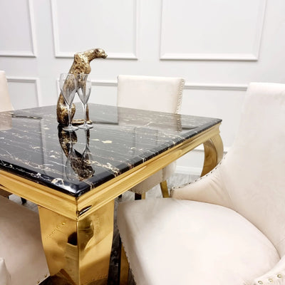 Louis Black/Gold Marble Dining Table With Kensington Cream/Gold Velvet Chairs