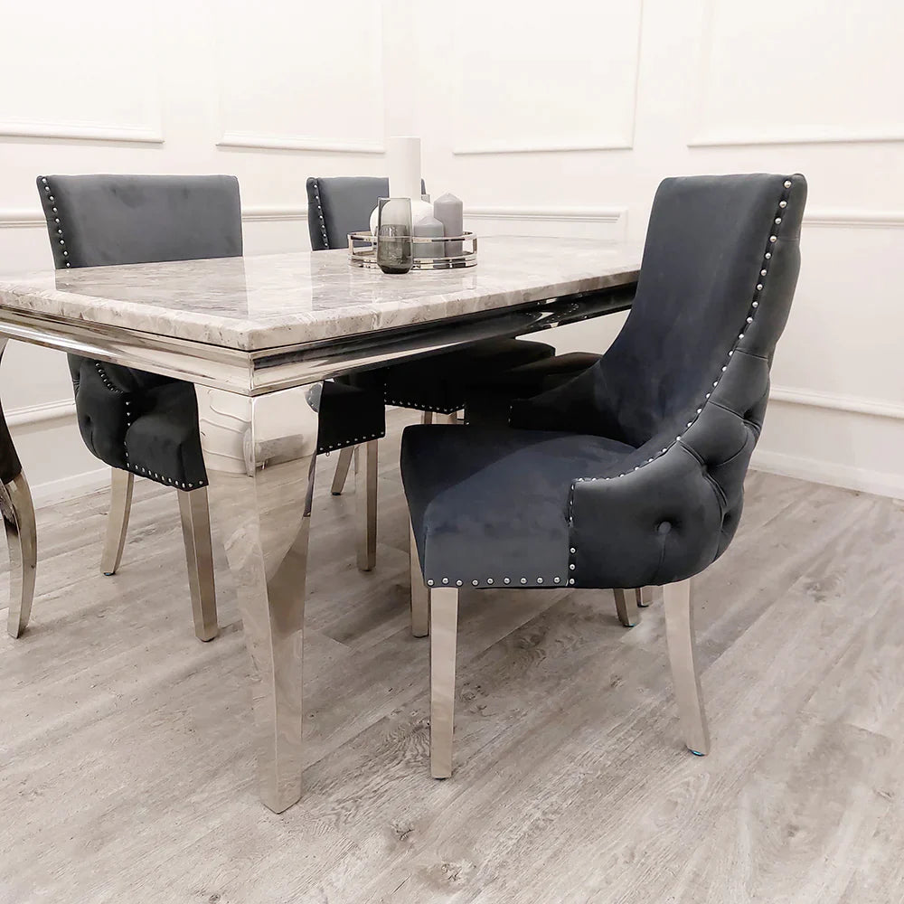 Louis Marble Dining Table With Kensington Button Back Velvet Dining Chairs