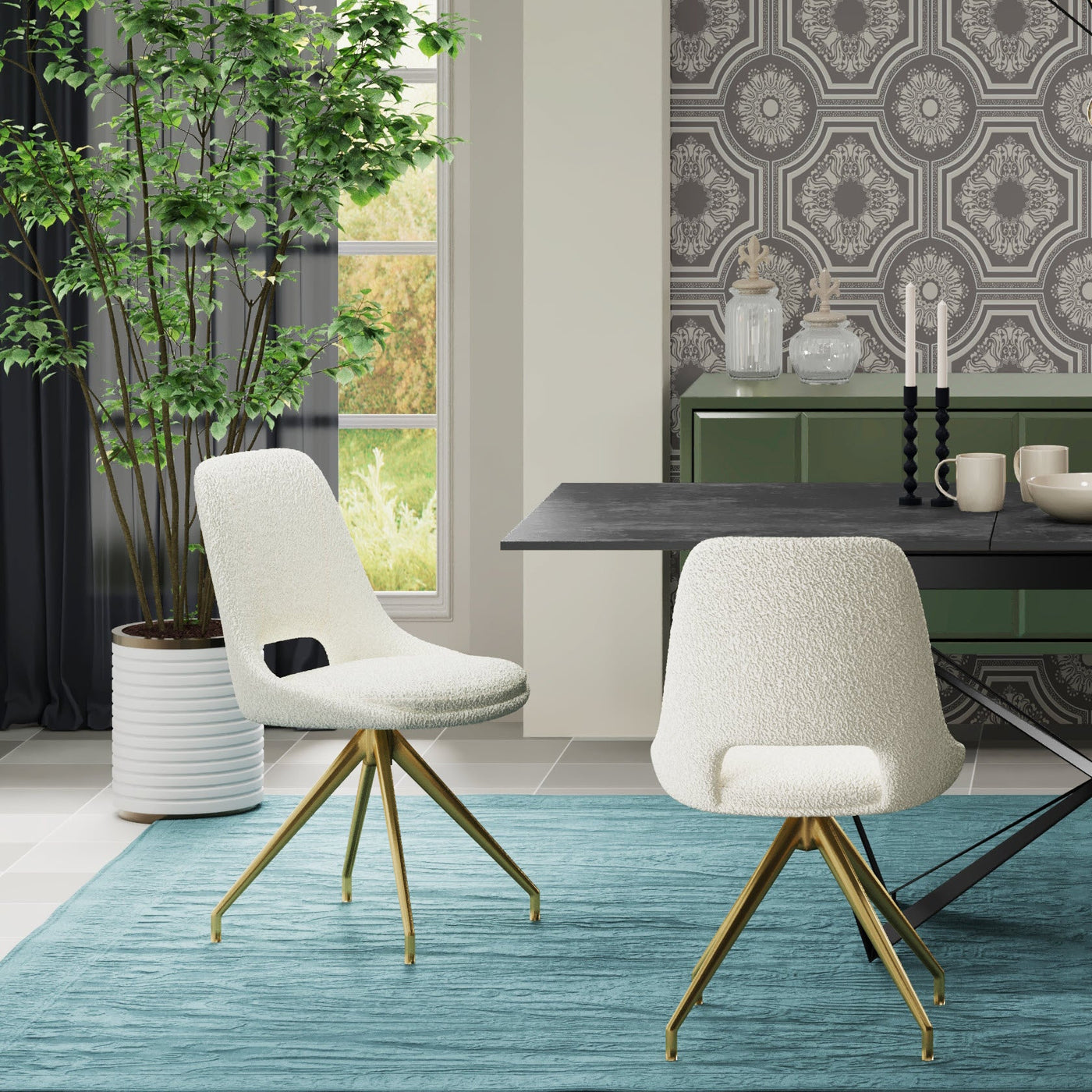 Leon Boucle Fabric Swivel Dining Chairs With Gold Metal Legs - Pairs - 2 Colours