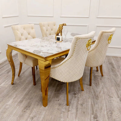 Louis Marble & Gold Dining Table With Quilted Gold Lion Knocker Velvet Chairs