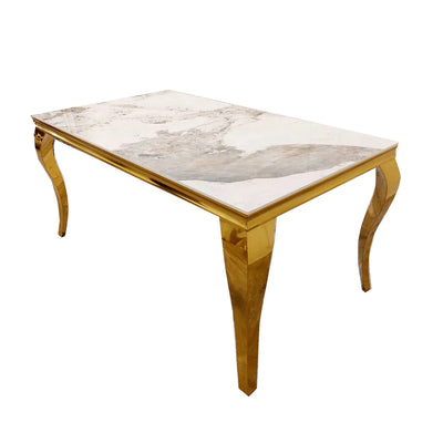 Louis Gold Marble Dining Table With Carlton Cream/Gold Velvet Dining Chairs