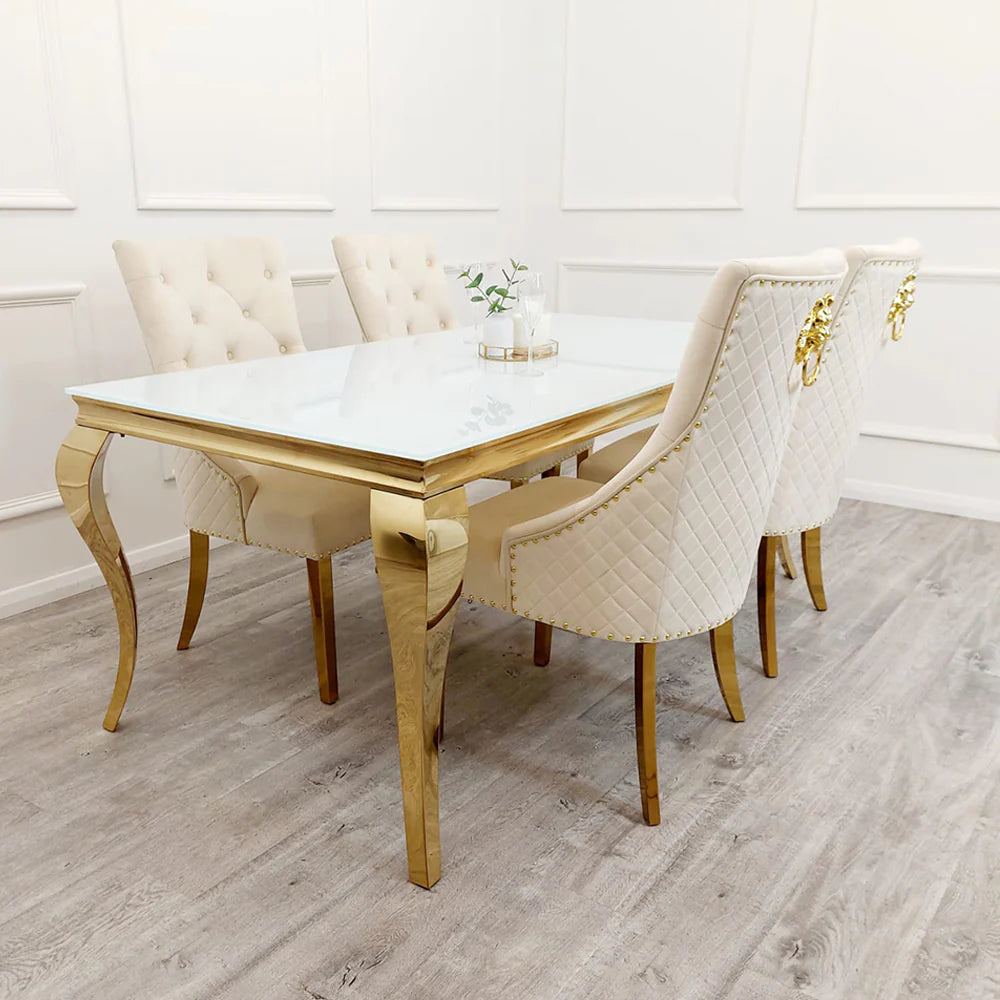 Louis Glass & Gold Dining Table With Gold Lion Knocker Quilted Velvet Chairs