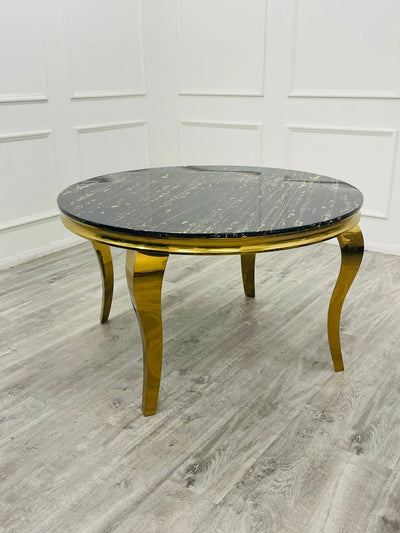 Louis 130cm Black / Gold Round Marble Gold Dining Table + Majestic Gold Lion Dining Chairs