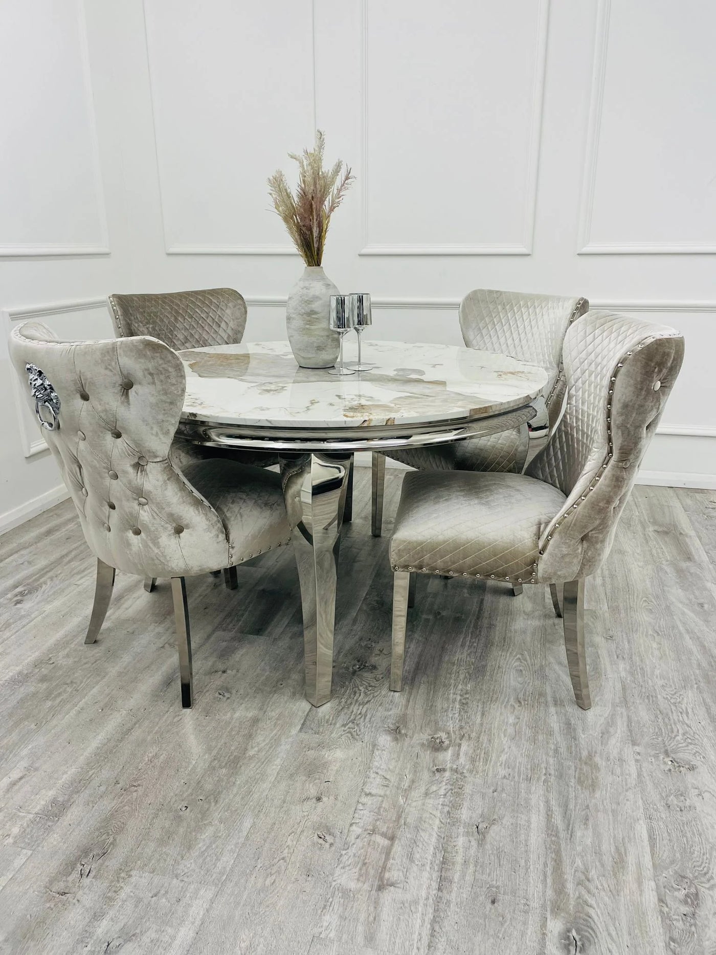 Louis 130cm Round Pandora Bronze Marble Chrome Dining Table And Valente Shimmer Lion Dining Chairs