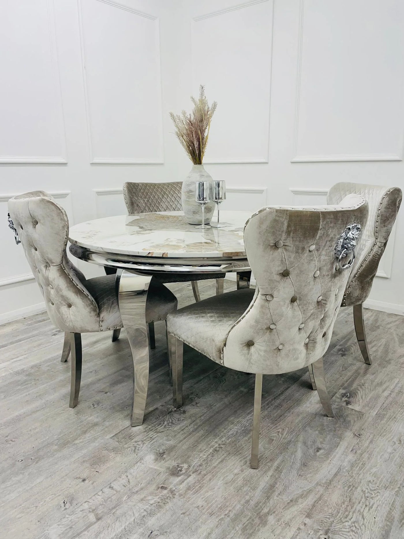 Louis 130cm Round Pandora Bronze Marble Chrome Dining Table And Valente Shimmer Lion Dining Chairs