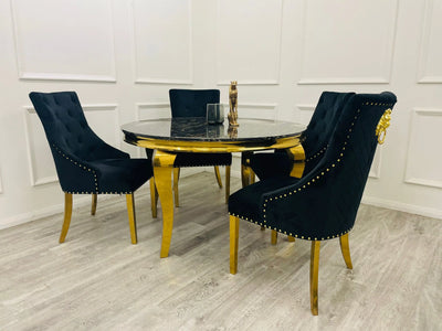 PROMO Louis Black/Gold 130cm Round Marble Dining Table With 4 Black & Gold Lion Knocker Velvet Chairs