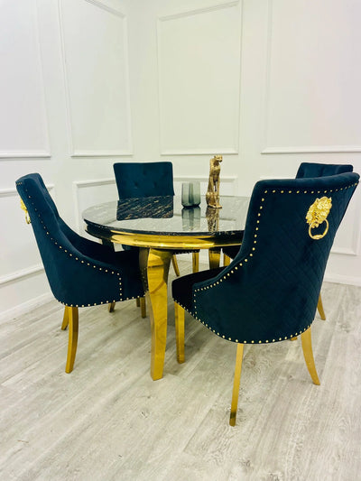 PROMO Louis Black/Gold 130cm Round Marble Dining Table With 4 Black & Gold Lion Knocker Velvet Chairs