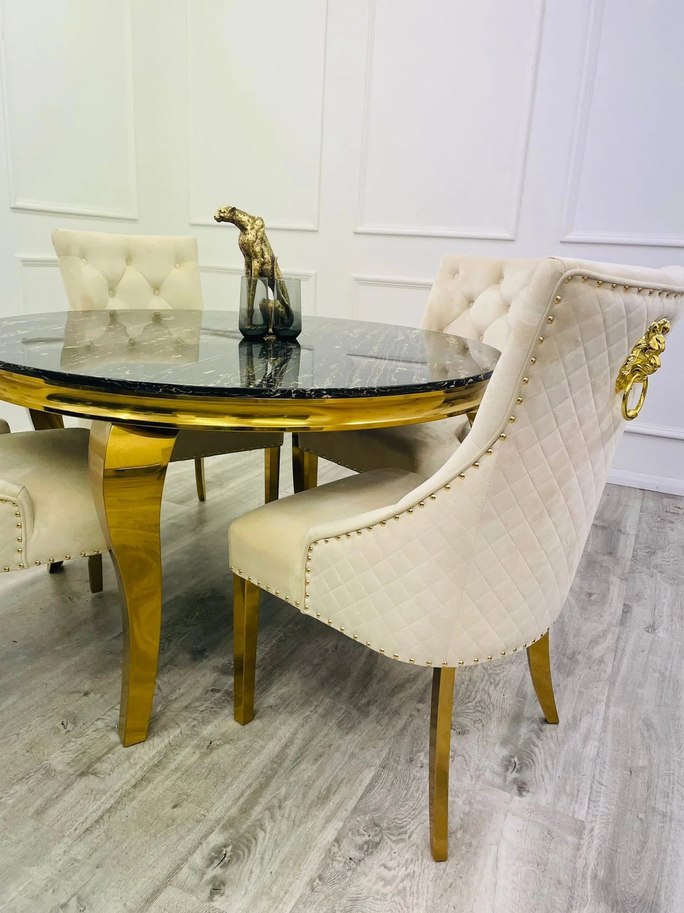 Louis 130cm Gold Round Marble Dining Table + Gold Lion Dining Chairs