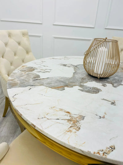Louis 130cm Gold Round Marble Dining Table With Kensington Cream/Gold Velvet Dining Chairs