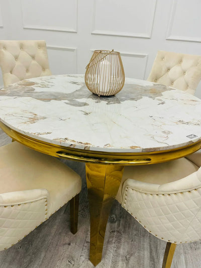 Louis Marble & Gold 130cm Round Dining Table With Quilted Gold Lion Knocker Velvet Chairs