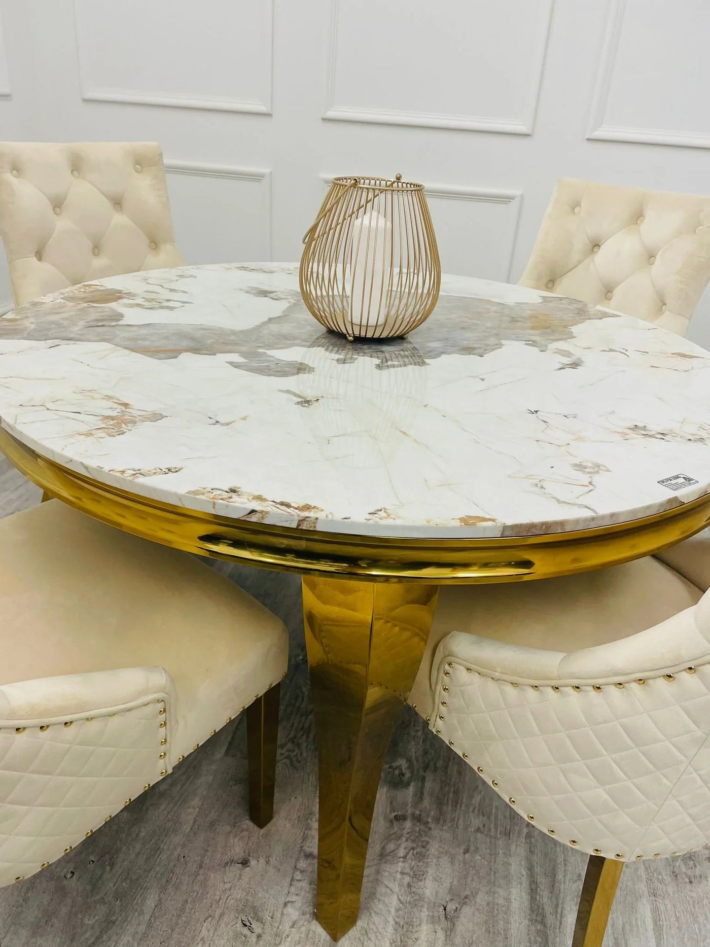 Louis 130cm Gold Round Marble Dining Table With Kensington Cream/Gold Velvet Dining Chairs