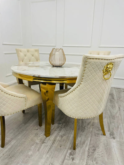 Louis 130cm Round Black/Gold Marble Gold Dining Table + Majestic Gold Lion Dining Chairs