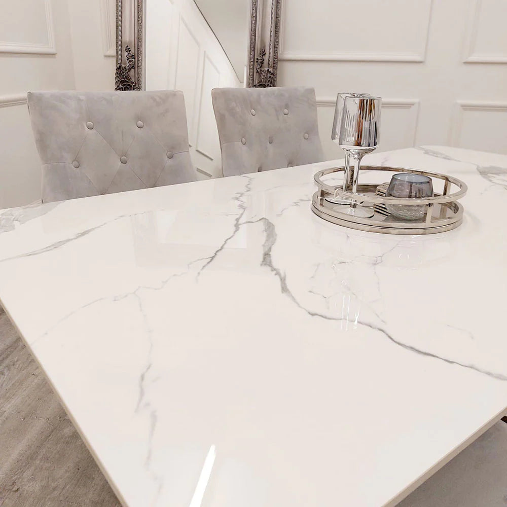 Lucien White 160cm Ceramic Marble Dining Table + Kensington Button Back Velvet Dining Chairs