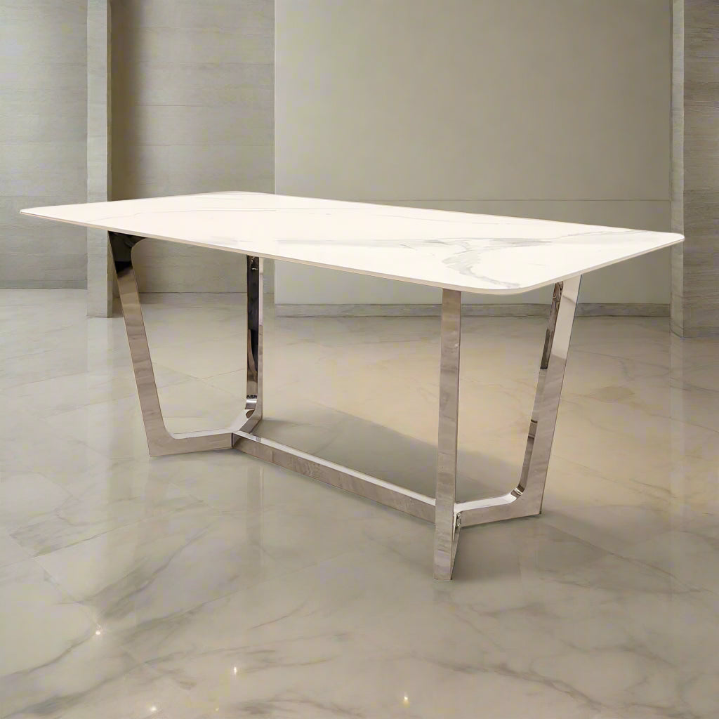Lucien 160cm Chrome Ceramic White Dining Table