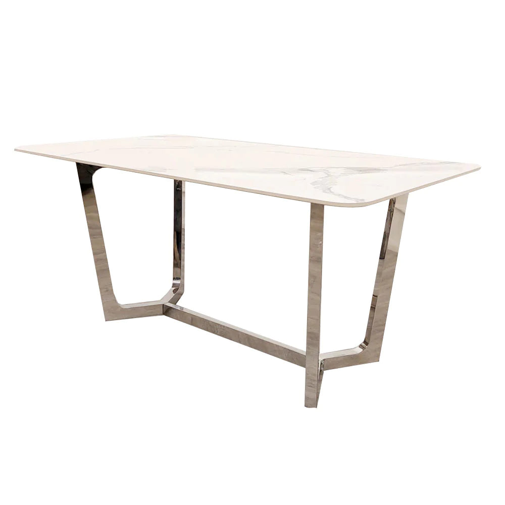 Lucien White 160cm Ceramic Marble Dining Table + Kensington Button Back Velvet Dining Chairs