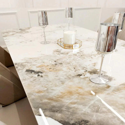 Lucien 180cm Gold Dining Table with Pandora Gold Sintered Stone Top + Etta Beige PU Leather Dining Chairs-Esme Furnishings