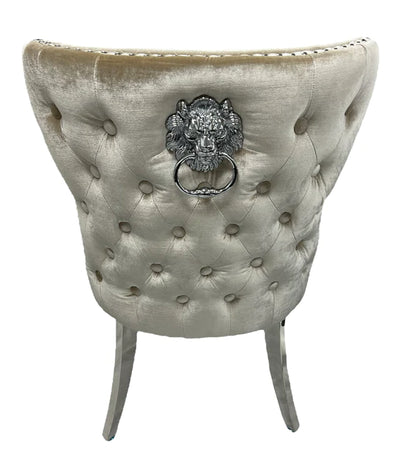 Louis Marble & Chrome Dining Table With Shimmer Valente Lion Knocker Chairs