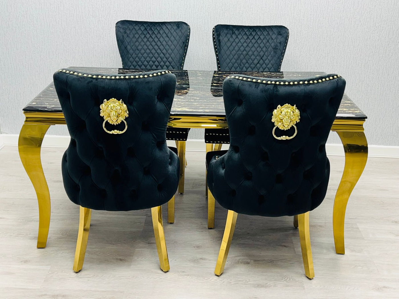 Louis Marble & Gold Dining Table With Victoria Gold Lion Knocker Velvet Chairs