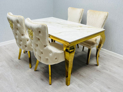 Louis Marble & Gold Dining Table With Victoria Gold Lion Knocker Velvet Chairs
