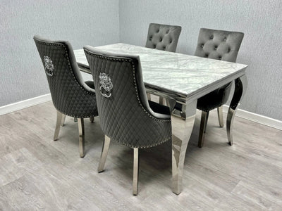 Louis Marble & Chrome Dining Table With Quilted Lion Knocker Velvet Chairs