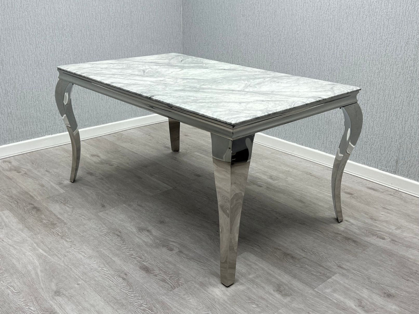 Louis Marble & Chrome Dining Table With Chrome Ring Knocker Velvet Chairs
