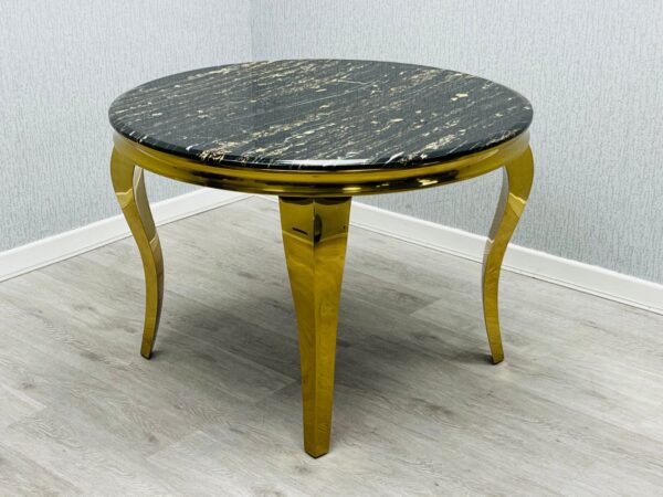 Louis Gold Round Marble 110cm Dining Table With Valentino Gold Lion Knocker Velvet Dining Chairs