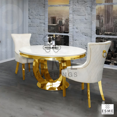 Chelsea Gold Round 130cm Marble Dining Table With Quilted Gold Ring Knocker Velvet Chairs