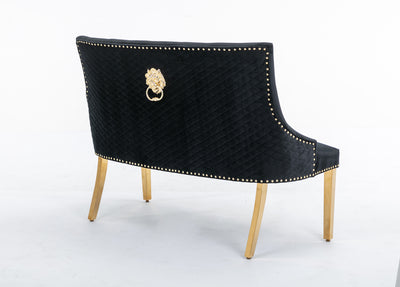 Majestic Gold Lion Knocker Quilted High Back Black Gold Plush Velvet 130cm Dining Bench