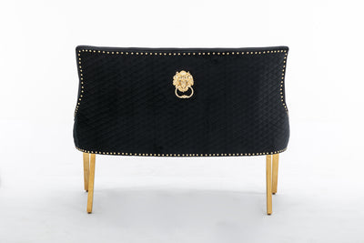 Majestic Gold Lion Knocker Quilted High Back Black Gold Plush Velvet 130cm Dining Bench
