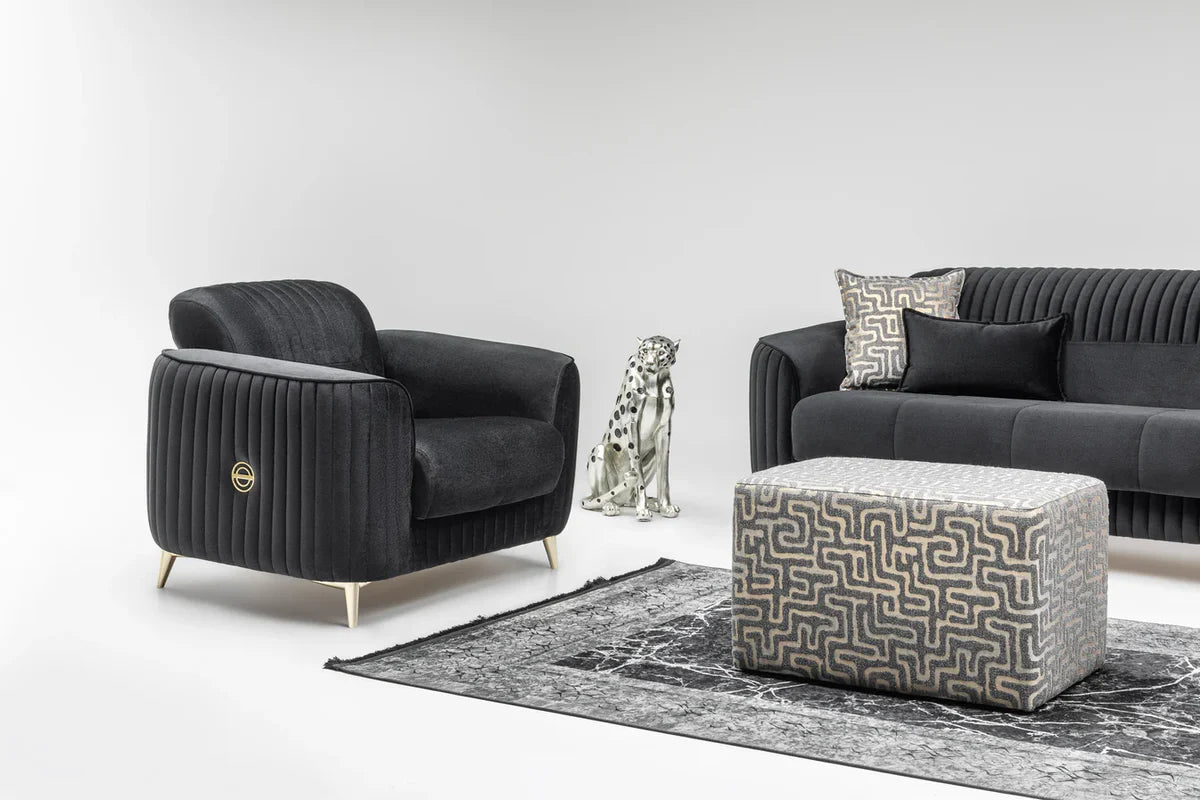The Malta Luxury Premium 3+2 Black Gold Velvet Sofa Bed Set