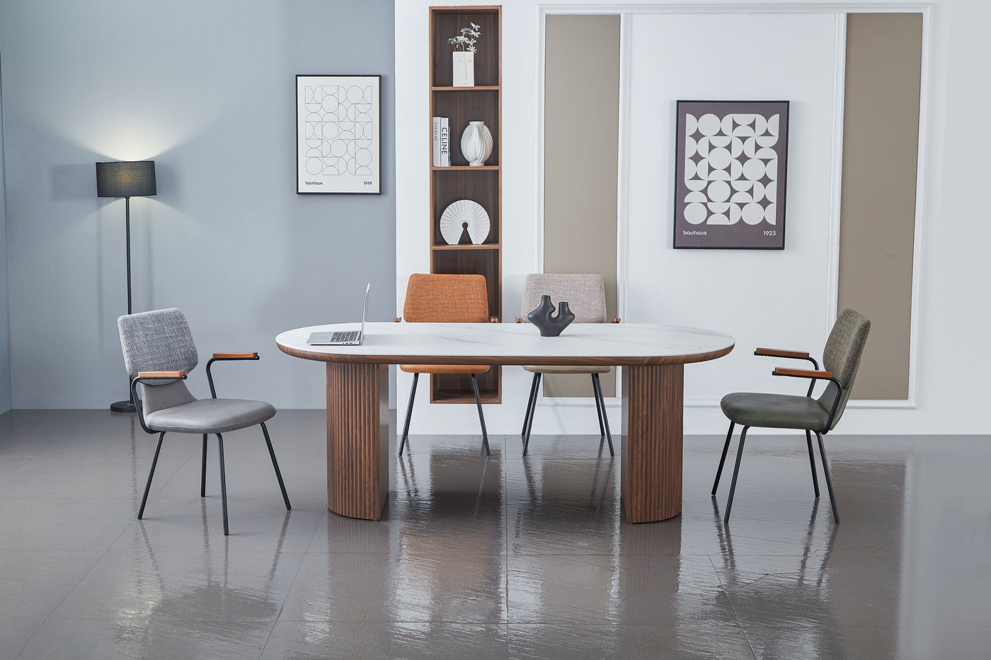 Mateo 200cm Oval Walnut & White Ceramic Sintered Marble Dining Table