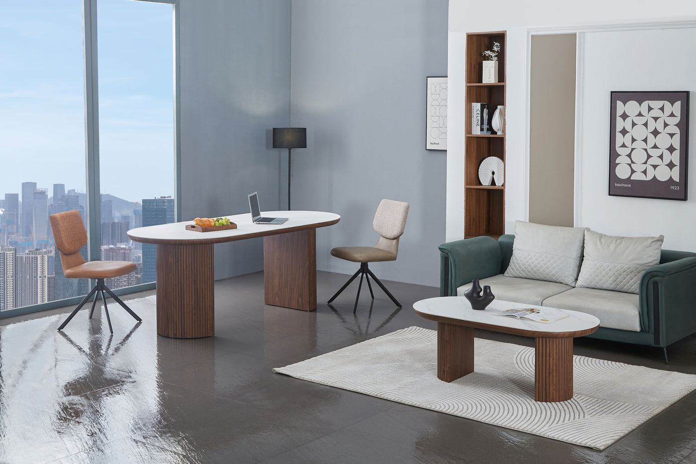 Mateo 200cm Oval Walnut & White Ceramic Sintered Marble Dining Table