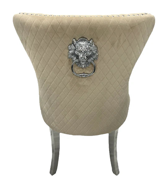 Arial Kata Gold 180cm Marble & Chrome Dining Table + Chrome Quilted Lion Knocker Velvet Chairs