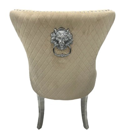 Arial Kata Gold 180cm Marble & Chrome Dining Table + Chrome Quilted Lion Knocker Velvet Chairs