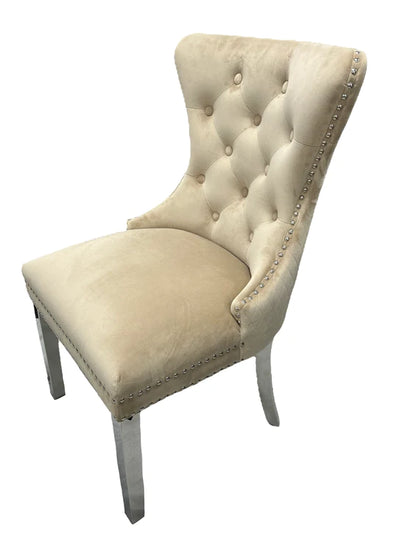 Mayfair Lion Knocker Quilted Tufted Plush Velvet Dining Chair Chrome Legs - 3 Colours