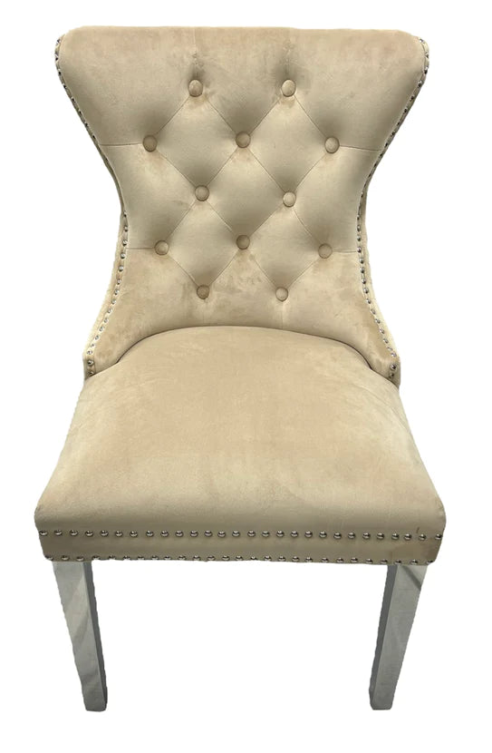 Mayfair Lion Knocker Quilted Tufted Plush Velvet Dining Chair Chrome Legs - 3 Colours