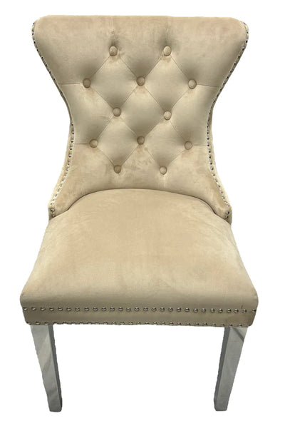 Mayfair Lion Knocker Quilted Tufted Plush Velvet Dining Chair Chrome Legs - 3 Colours