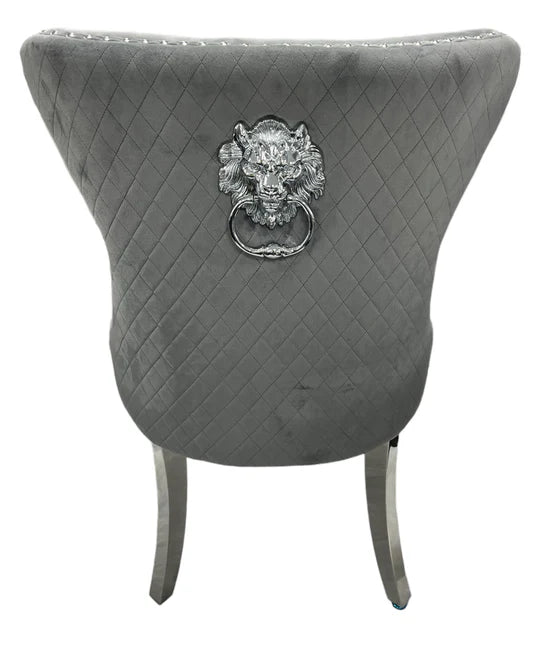 Arial Kata Gold 180cm Marble & Chrome Dining Table + Chrome Quilted Lion Knocker Velvet Chairs