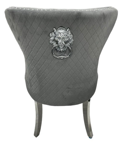 Arial Kata Gold 180cm Marble & Chrome Dining Table + Chrome Quilted Lion Knocker Velvet Chairs