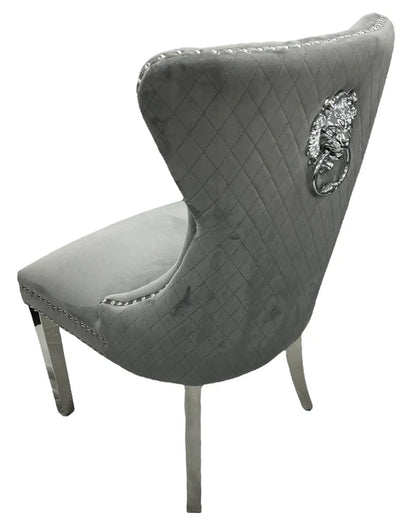 Como 130cm Grey Marble Round Dining Table + Lion Knocker Velvet Chairs