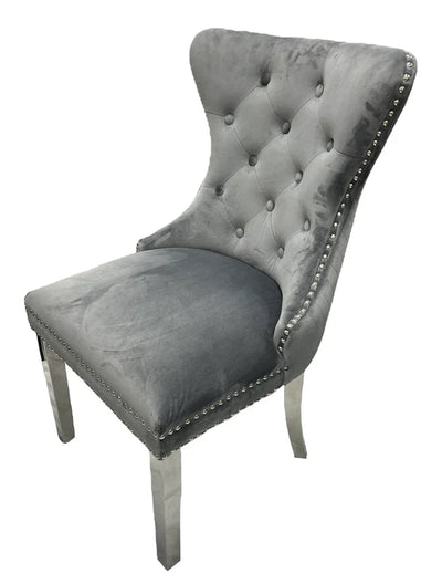 Como 130cm Grey Marble Round Dining Table + Lion Knocker Velvet Chairs